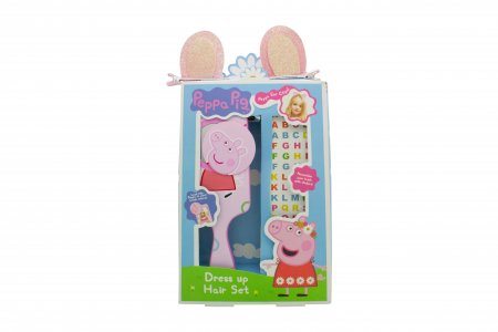 Peppa Pig Hair Gift Set 3 Pieces (This hair set contains:
1x Swivel Mirror Hairbrush
1x Peppa Pig Ear Hair Clips
1x Alphabet Stickers)