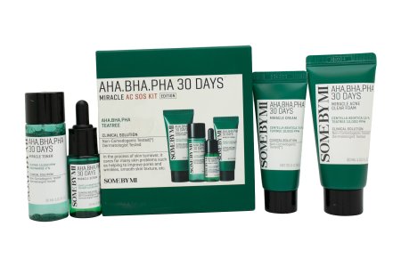 Some By Mi 30 Days AHA-BHA-PHA Miracle AC SOS Kit 4 Pieces (This set contains:

1x 30ml Acne Clear Foam 
1x 30ml Toner
1x 20ml Cream
1x 10ml Serum)